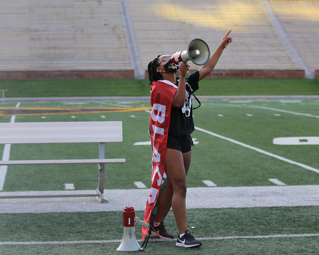 Missouri sophomore soccer player Eryka McIntyre addresses the crowd inside Memorial Stadium
